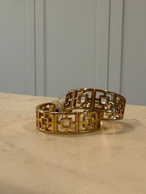 AUTHENTIC Tory Burch Gold Geometric Logo Cutout Earrings Statement Hoops